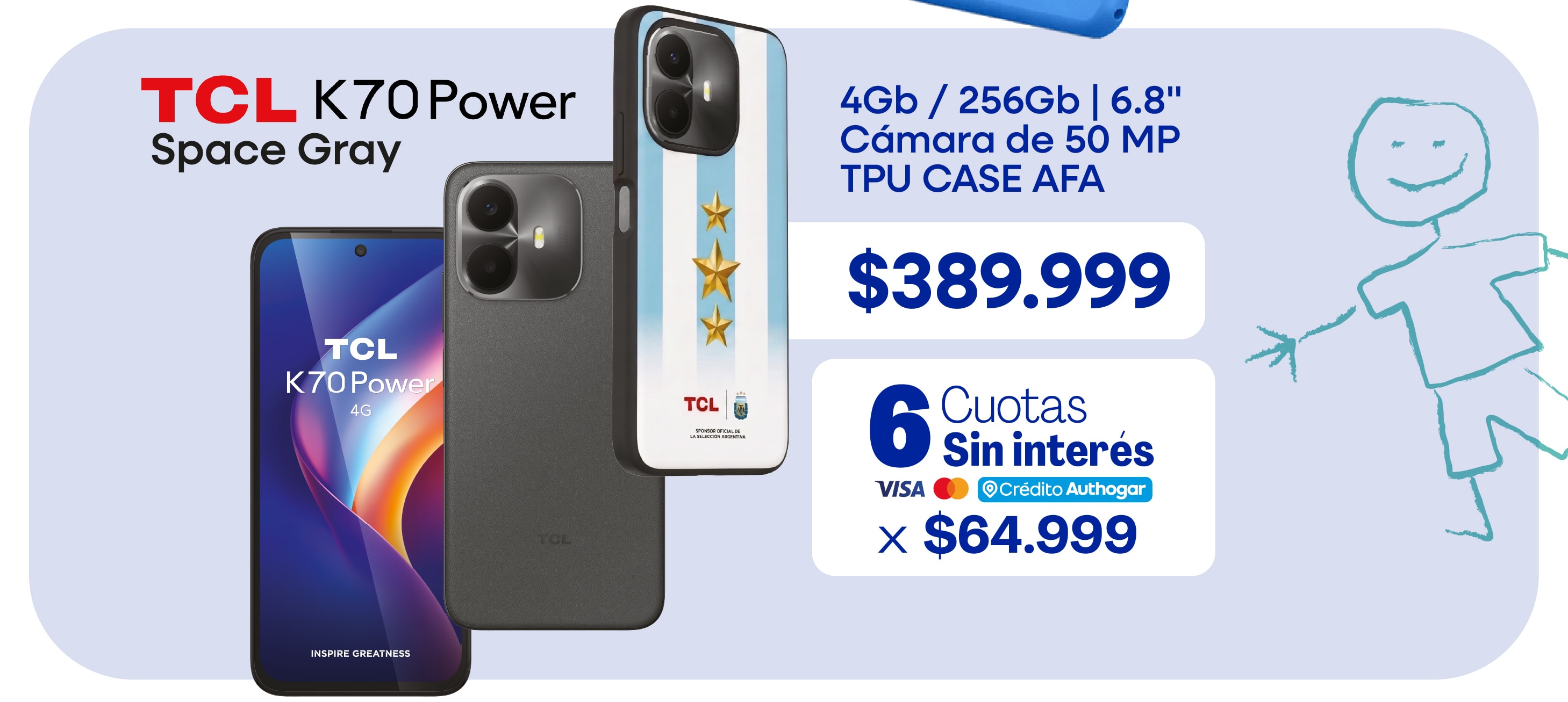 TCL K70 Power Space Gray 4Gb / 256Gb / 6.8" Cámara de 50 MP TPU CASE AFA $389.999 6 Cuotas Sin interés x $64.999